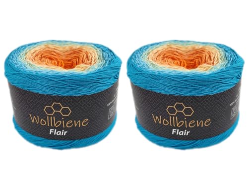 Wollbiene Flair Cotton 2x250g Bobbel Wolle Farbverlauf, 100% Baumwolle, Bobble Strickwolle Mehrfarbig (974 blau ocker lachs) von Wollbiene