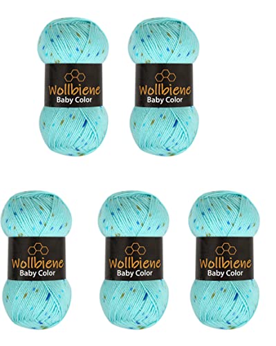 Wollbiene Happy Baby Color Multicolor Wolle 5x100g Strickwolle 500 Gramm Wolle zum Stricken und Häkeln Babywolle Tweed Punkte (10 türkis senf blau) von Wollbiene