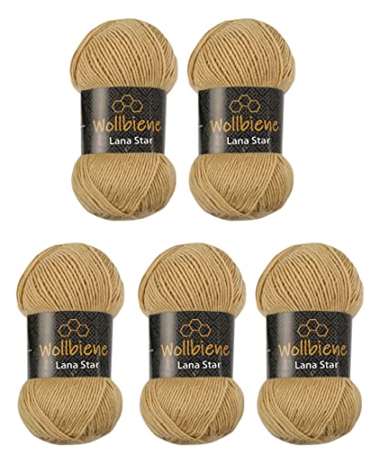 Wollbiene Lana Star 5 x 100g Strickwolle mit 49% Wolle 500 Gramm Wolle einfarbig türkische Wolle (07 camel) von Wollbiene