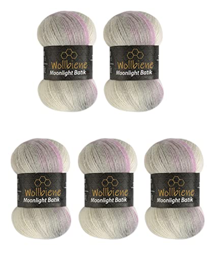 Wollbiene Moonlight Batik 5 x 100g Strickwolle 500 Gramm Wolle zum Stricken und Häkeln 20% Wolle türkische Wolle Farbverlaufswolle Strickwolle (2700 rose grau) von Wollbiene