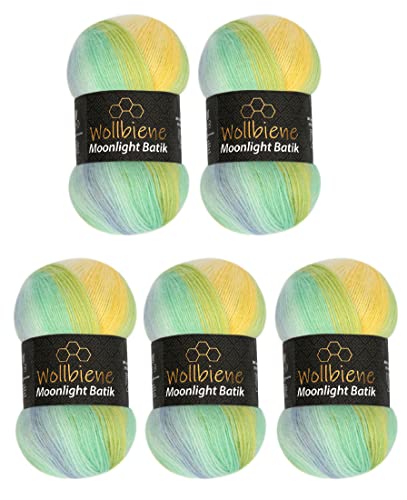 Wollbiene Moonlight Batik 5 x 100g Strickwolle 500 Gramm Wolle zum Stricken und Häkeln 20% Wolle türkische Wolle Farbverlaufswolle Strickwolle (3070 gelb türkis blau) von Wollbiene