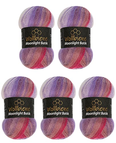 Wollbiene Moonlight Batik 5 x 100g Strickwolle 500 Gramm Wolle zum Stricken und Häkeln 20% Wolle türkische Wolle Farbverlaufswolle Strickwolle (3080 lila rot rosa) von Wollbiene