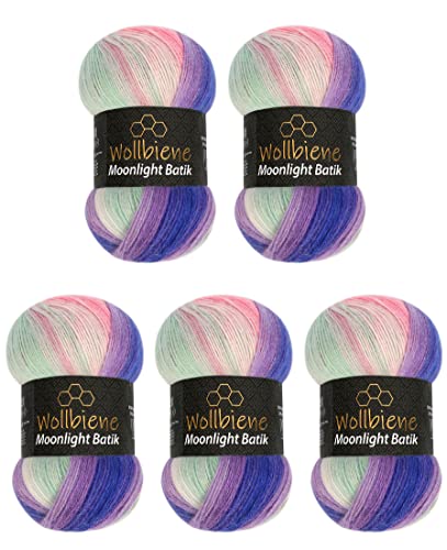 Wollbiene Moonlight Batik 5 x 100g Strickwolle 500 Gramm Wolle zum Stricken und Häkeln 20% Wolle türkische Wolle Farbverlaufswolle Strickwolle (3090 lila grün rosa) von Wollbiene