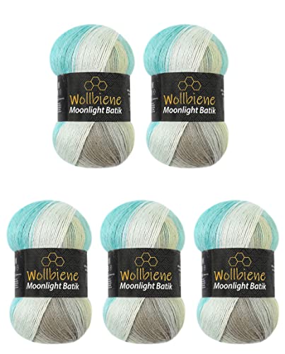 Wollbiene Moonlight Batik 5 x 100g Strickwolle 500 Gramm Wolle zum Stricken und Häkeln 20% Wolle türkische Wolle Farbverlaufswolle Strickwolle (4050 türkis grau beige) von Wollbiene
