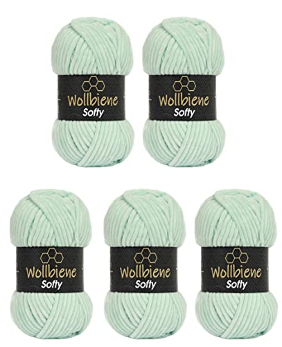 Wollbiene Softy 5 x 100 Gramm Chenille-Wolle Strickwolle, Babywolle, 500 Gramm Chenille Wolle Super Bulky (mint 07) von Wollbiene