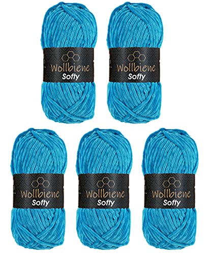 Wollbiene Softy 5 x 100 Gramm Chenille-Wolle Strickwolle, Babywolle, 500 Gramm Chenille Wolle Super Bulky (türkis 07) von Wollbiene