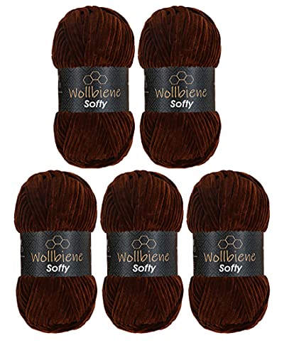 Wollbiene Softy 5 x 100 Gramm Chenillewolle Strickwolle, Babywolle, 500 Gramm Wolle Super Bulky (braun 84) von Wollbiene