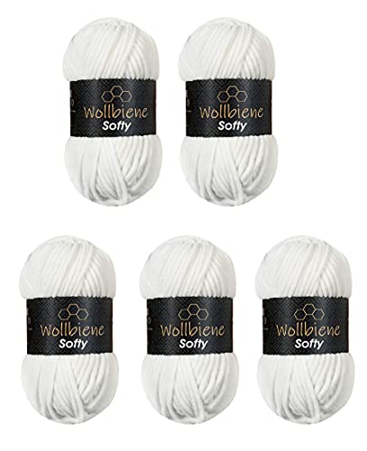 Wollbiene Softy 5 x 100 Gramm Chenillewolle Strickwolle, Babywolle, 500 Gramm Wolle Super Bulky (weiß 01) von Wollbiene