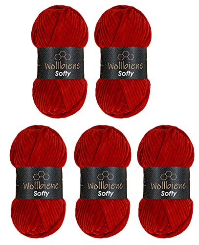 Wollbiene Softy 5 x 100 Gramm chenille wolle zum häkeln Strickwolle, Babywolle, 500 Gramm Chenille Wolle Super Bulky crochet yarn (dunkelrot 89) von Wollbiene