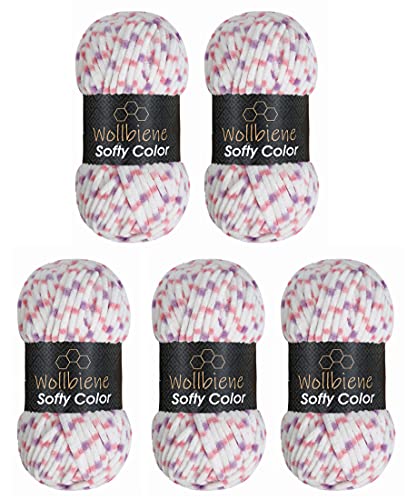 Wollbiene Softy Color 5 x 100 Gramm Chenillewolle Strickwolle, Babywolle, 500 Gramm Wolle Super Bulky (weiß-rosa-lila 112) von Wollbiene