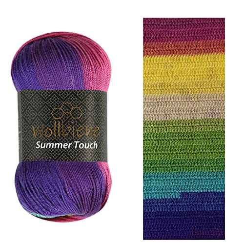 Wollbiene Summer Touch Batik 100 Gramm Wolle Mehrfarbig mit Farbverlauf, 100 Gramm merzerisierte Strickwolle Microfiber-Acryl (515 lila-gelb-grün 1) von Wollbiene