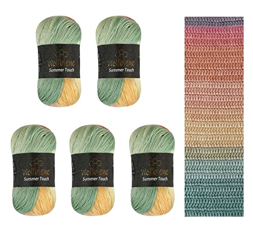 Wollbiene Summer Touch Batik 5 x 100 Gramm Wolle Mehrfarbig mit Farbverlauf, 500 Gramm merzerisierte Strickwolle Microfiber-Acryl (501 gelb-orange-mint) von Wollbiene