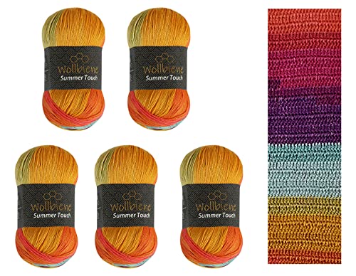 Wollbiene Summer Touch Batik 5 x 100 Gramm Wolle Mehrfarbig mit Farbverlauf, 500 Gramm merzerisierte Strickwolle Microfiber-Acryl (513 petrol terrakota braun) von Wollbiene