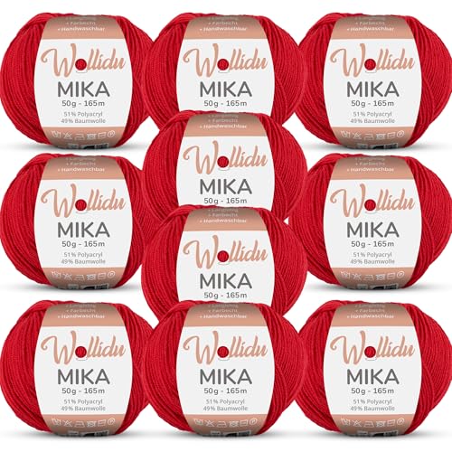 Wollidu Mika 51% Polyacryl 49% Baumwolle zum Häkeln und Stricken 10x 50g/165m Oeko-Tex Strickgarn Häkelgarn - Dunkelrot von Wollidu