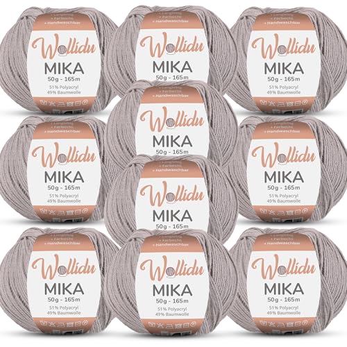 Wollidu Mika 51% Polyacryl 49% Baumwolle zum Häkeln und Stricken 10x 50g/165m Oeko-Tex Strickgarn Häkelgarn - Hellgrau von Wollidu