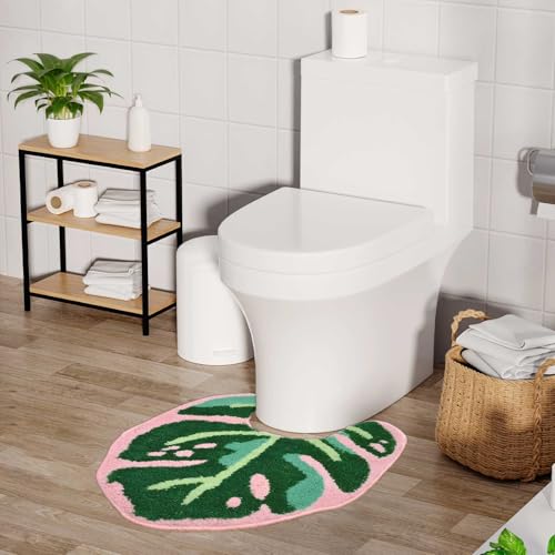 Wollmix U-förmiger WC-Vorleger mit Blättern – tropischer Dschungel, Badezimmer-Dekor, rutschfest, waschbar, extra weich, saugfähig, Mikrofaser, zottelige Badematten, rund um die Toilettenkontur, 61 x von Wollmix