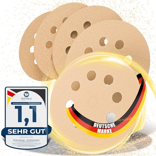 Woltersberger® 10 Stück Exzenter Schleifscheiben Ø 125mm | Körnung P180 | 8 Loch in gold | Schleifpapier für optimales schleifen, vielseitig einsetzbar von Woltersberger