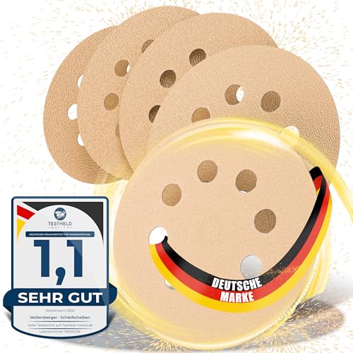 Woltersberger® 50 Stück Exzenter Schleifscheiben Ø 125mm | Körnung P100 | 8 Loch in gold | Schleifpapier für optimales schleifen, vielseitig einsetzbar von Woltersberger