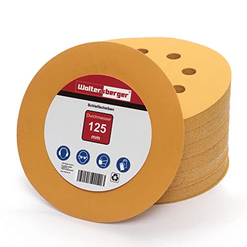 Woltersberger® 50 Stück Exzenter Schleifscheiben Ø 125mm | Körnung P60 | 8 Loch in gold | Schleifpapier für optimales schleifen, vielseitig einsetzbar von Woltersberger