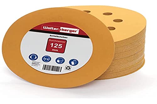 Woltersberger® Exzenter Schleifscheiben Ø 125mm | 8 Loch in gold | Schleifpapier für optimales schleifen, vielseitig einsetzbar, verschiedene Körnungen und Stückzahlen (50 Stück, P120 Körnung) von Woltersberger