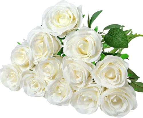 Woltoy 12 Stück Künstliche Rosen, Weiß Künstliche Blumen Gefälschte Rosen Seide Kunstblumen Weiß für Garten, Hochzeitsfeier, Drinnen und Draußen von Woltoy