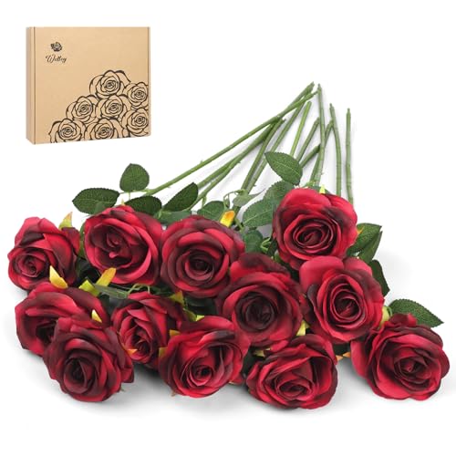 Woltoy 12 Stück Künstliche Rosen Mit Langstielige, Künstliche Blumen Seide Kunstrose Natürlich und Realistisch, Fake Rosen für Haus, Garten, Party, Hochzeitsstrauß und Büro Dekoration von Woltoy