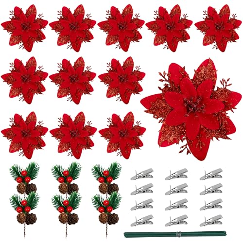Woltoy 12 Stück Rot Weihnachtsblumen Künstlich, mit 6 rötliche Beerenkiefernzweige, Glitzer Weihnachtsstern Blume, Künstlicher Weihnachtsstern für Weihnachtsbäume, DIY-Girlande, Urlaubs Deko von Woltoy