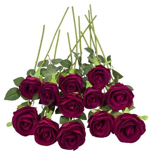 Woltoy 12 Stück Samtig Strukturiert Fake Rosen, Dunkelrot Langstielige Künstliche wie Echt Kunstrosen für Haus, Garten, Party, Hochzeitsstrauß und Büro Dekoration von Woltoy