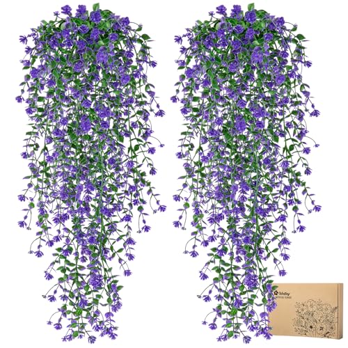 Woltoy 4 Stück Kunstpflanzen Hängend, 65 cm Violette Kunstblumen Hängend, Hängepflanze Künstlich wie echt und UV-beständig, Künstliche Blumen für Draußen, Garten, Innen, Außenbereich, Wand Dekoration von Woltoy