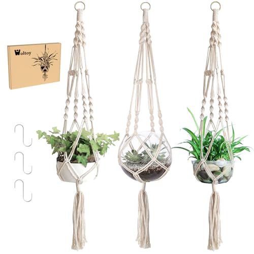 Woltoy Makramee Blumenampel 105 cm 3 Stück, Blumenampel hängend Innen, Pflanzenaufhänger, Blumentopf Hängend mit Baumwollseil für Innen Außen Decken Balkone Wanddekoration Belastung 10 kg von Woltoy
