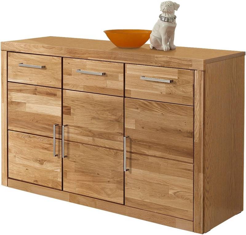 Home affaire Sideboard Logo,130cm breit,42 cm tief, Fronten Massivholz,2 breite Fächer, Holz massiv, Holzwerkstoff, Metall Griffe,3Türen,3Schubladen von Home affaire