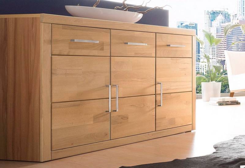 Home affaire Sideboard Logo,130cm breit,42 cm tief, Fronten Massivholz,2 breite Fächer, Holz massiv, Holzwerkstoff, Metall Griffe,3Türen,3Schubladen von Home affaire