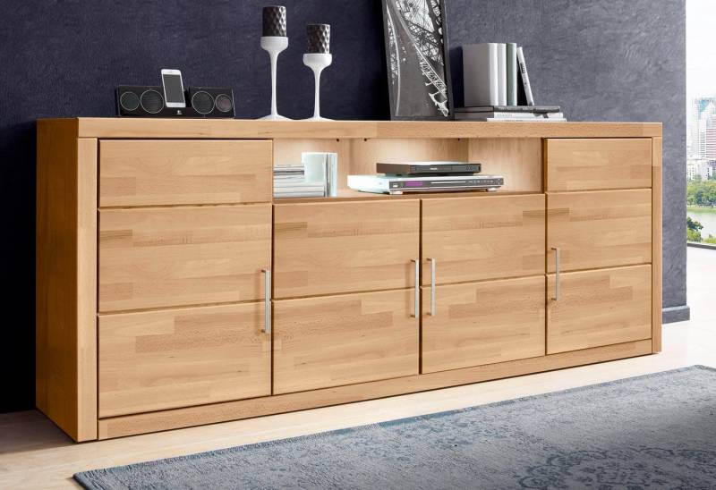 Home affaire Sideboard Logo,200cm breit,42 cm tief,Fronten Massivholz,11 Fächer, Kernbuche massiv, Holzwerkstoff, 4Türen,11 Fächer,Böden versetzbar von Home affaire