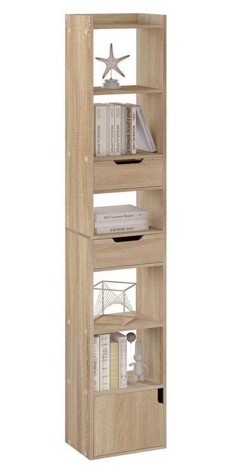 Woltu Bücherregal, 1-tlg., mit 6 Ablagen 2 Schubladen 1 Tür, aus Holzwerkstoff von Woltu