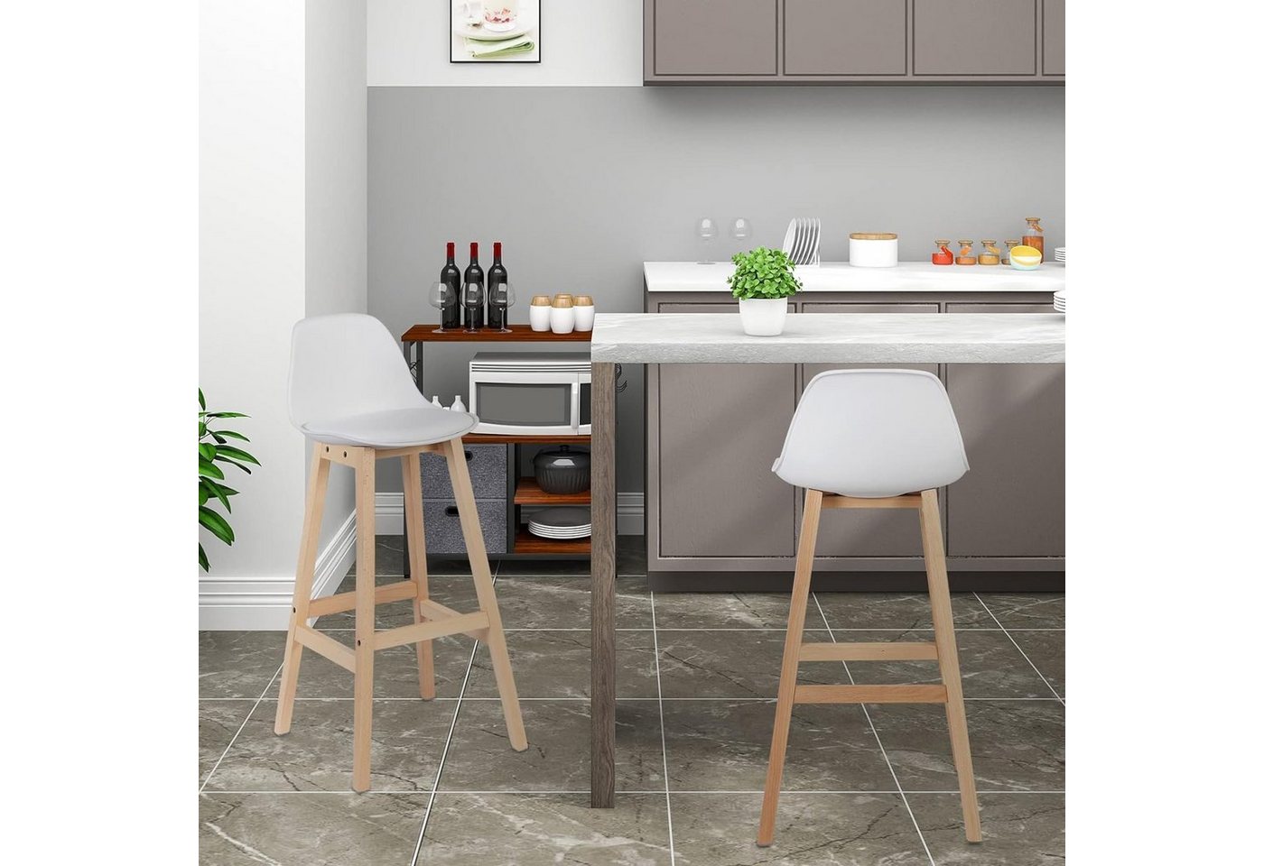 Woltu Barhocker (2 St), Barstuhl aus Kunststoff Holz mit Lehne + Fußstütze Design Stuhl Küchenstuhl optimal Komfort Weiß von Woltu