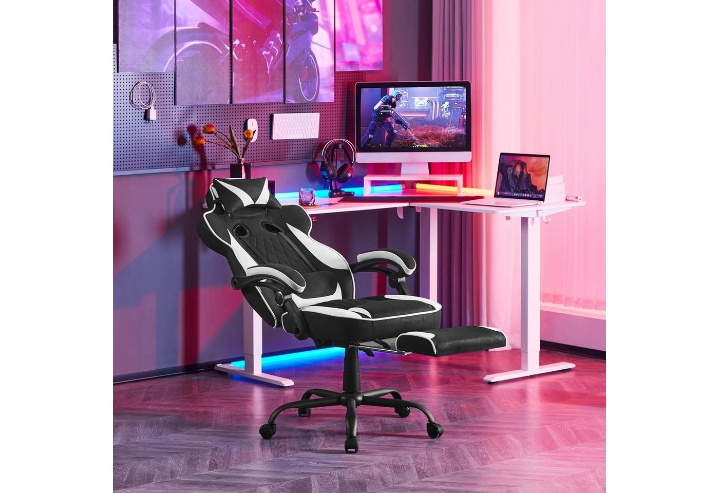 Woltu Gaming-Stuhl, mit Taschenfederkissen, Fußstütze, ergonomisch, drehbar von Woltu