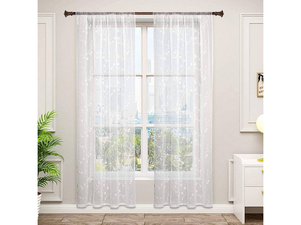 Woltu Gardine (2 St), halbtransparent, transparent Stickerei mit Kräuselband Leinen Optik von Woltu