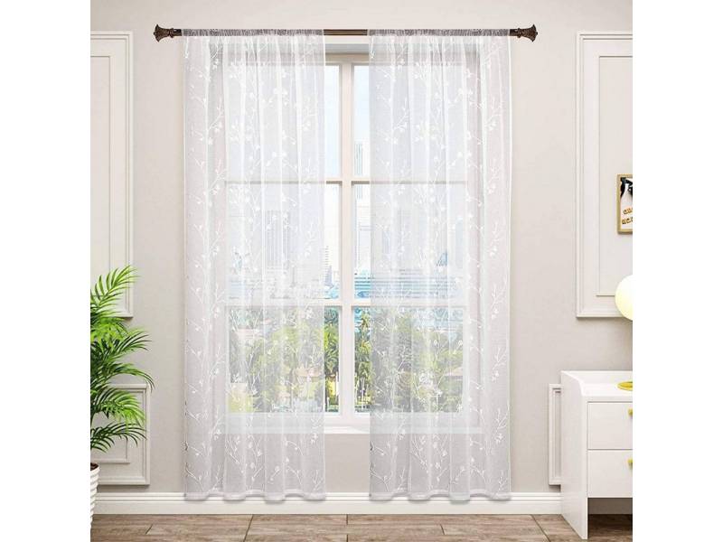 Woltu Gardine (2 St), halbtransparent, transparent Stickerei mit Kräuselband Leinen Optik von Woltu