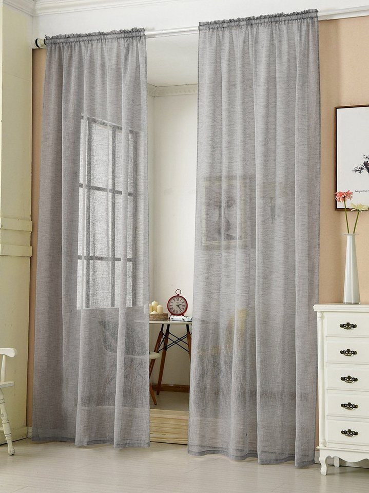 Woltu Gardine, Kräuselband (2 St), halbtransparent, 2er-Set mit Kräuselband Leinen Optik von Woltu