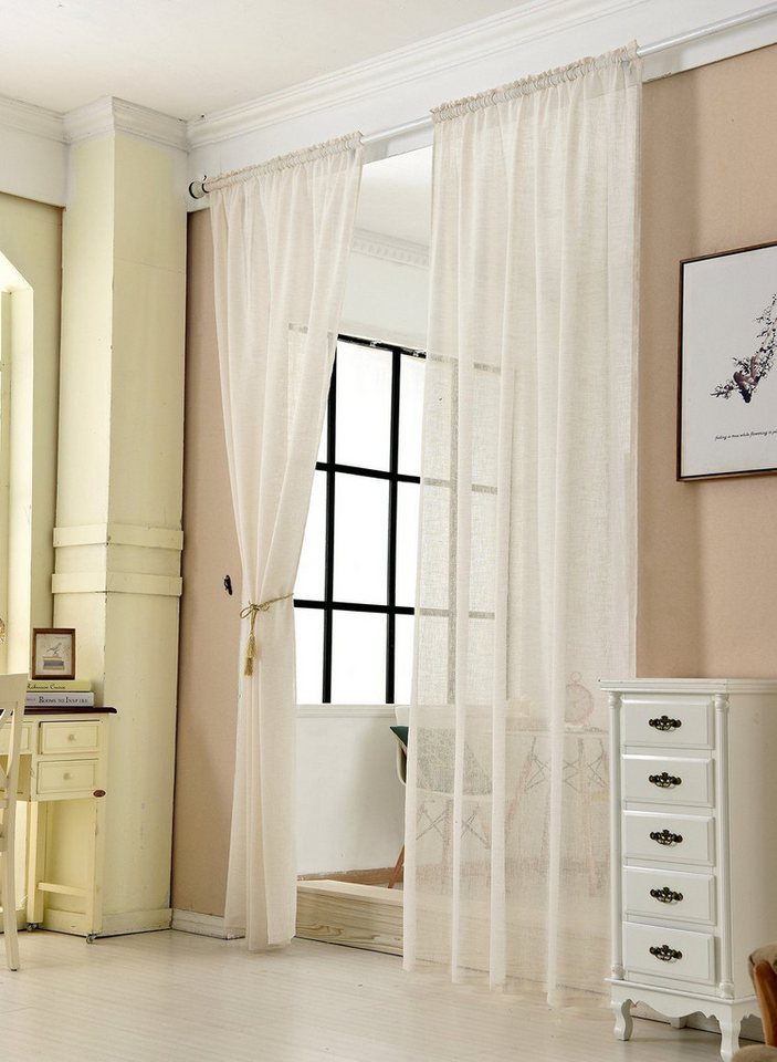 Woltu Gardine (2 St), Kräuselband, halbtransparent, 2er-Set mit Kräuselband Leinen Optik von Woltu