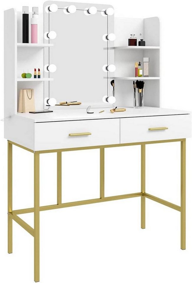 Woltu Schminktisch (1-St), Melaminplatte und Metall Weiß Gold 45x136x90cm von Woltu