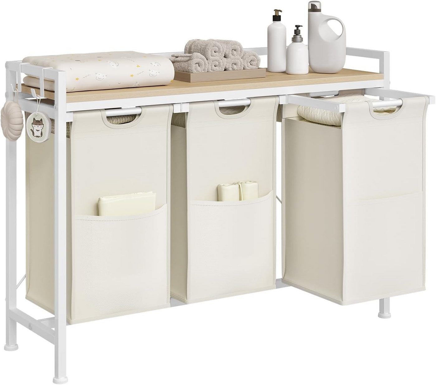 Woltu Wäschekorb, mit Ablage, 3 Fächer, jedes 40 L, Wäschesammler ausziehbar abnehmbar von Woltu