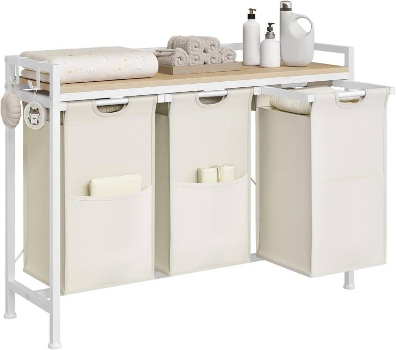 Woltu Wäschekorb, mit Ablage, 3 Fächer, jedes 40 L, Wäschesammler ausziehbar abnehmbar von Woltu