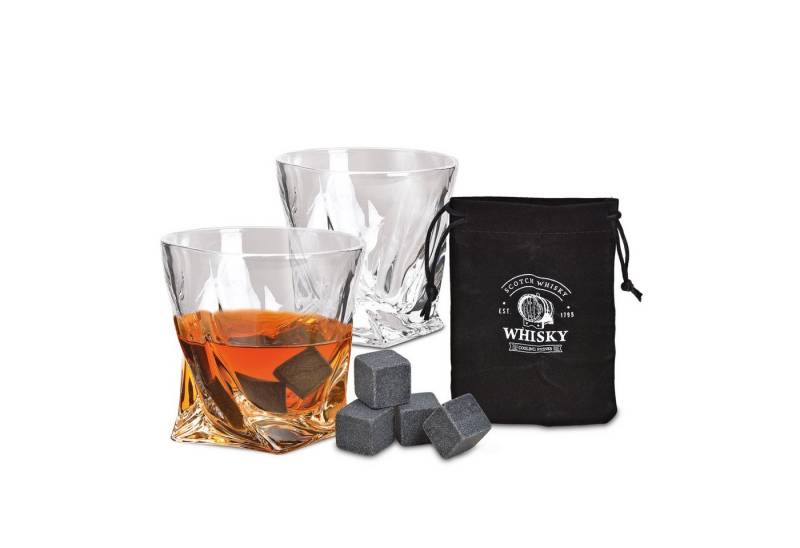 Woma Whiskyglas Whisky Glas Geschenk Set aus Kristallglas - 7-teilig, Kristallglas / Basalt, 2er Trinkglas Set mit 4x Basalt Kühlsteinen und Samtbeutel von Woma