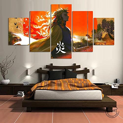 Leinwanddrucke Modulare Wandkunst Wandaufkleber 5 Teiliges Wandbild Druck auf Leinwand Malerei Moderne Abstrakte Poster Mit Rahmen L/150cm×80cm Kyojuro Rengoku Hashira,Demon Slayer,Kimetsu No Yaiba von Wondbeau