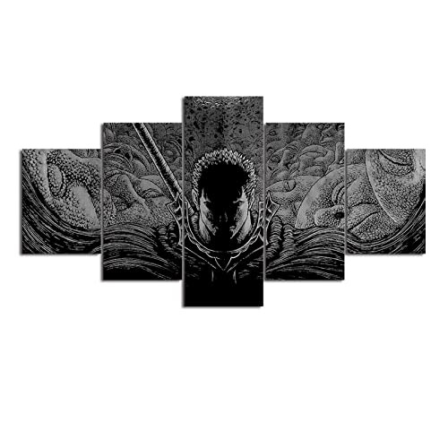 Wondbeau Leinwanddrucke Modulare Wandkunst Wandaufkleber, Black and White, Berserk Guts, 5 Teiliges Wandbild Druck auf Leinwand Malerei Moderne Abstrakte Poster Mit Rahmen S/75cm×40cm von Wondbeau