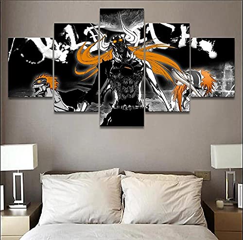 Wondbeau Leinwanddrucke Modulare Wandkunst Wandaufkleber 5 Teiliges Wandbild Druck auf Leinwand Malerei Moderne Abstrakte Poster Mit Rahmen L/150cm×80cm Ichigo Kurosaki Anime Bleach von Wondbeau