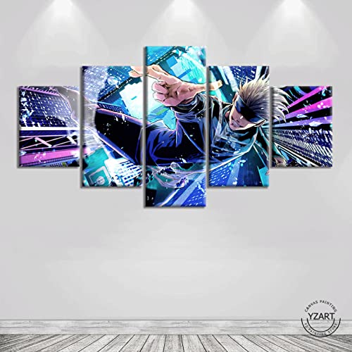 Wondbeau Leinwanddrucke Modulare Wandkunst Wandaufkleber 5 Teiliges Wandbild Druck auf Leinwand Malerei Moderne Abstrakte Poster Mit Rahmen L/150cm×80cm Jujutsu Kaisen,Lehrer Satoru Gojo von Wondbeau