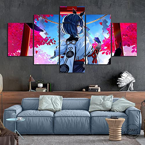 Wondbeau Leinwanddrucke Modulare Wandkunst Wandaufkleber 5 Teiliges Wandbild Druck auf Leinwand Malerei Moderne Abstrakte Poster Mit Rahmen L/150cm×80cm Kujou Sara Genshin Impact von Wondbeau