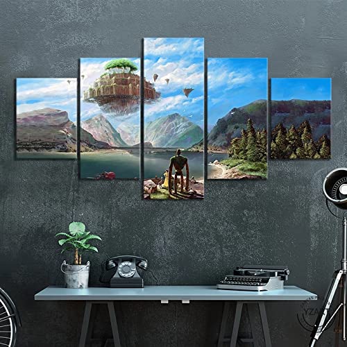 Wondbeau Leinwanddrucke Modulare Wandkunst Wandaufkleber 5 Teiliges Wandbild Druck auf Leinwand Malerei Moderne Abstrakte Poster Mit Rahmen L/150cm×80cm Schloss Im Himmel Anime Poster von Wondbeau